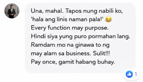 Buyer message: Una, mahal. Tapos nung nabili ko, 'hala ang linis naman pala!' Every function may purpose. Hindi siya yung puro pormahan lang. Ramdam mo na ginawa to ng may alam sa business. Sulit!!! Pay once, gamit habang buhay.